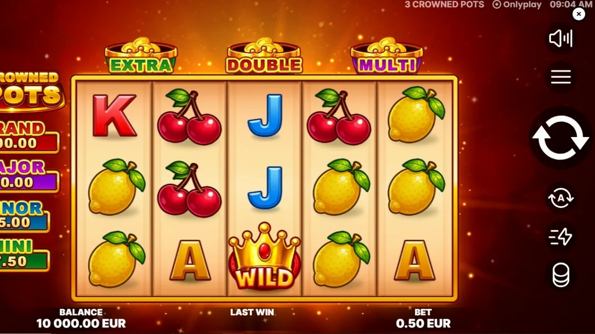 Tampilan visual slot 3 Crowned Pots dengan simbol buah dan pot emas.