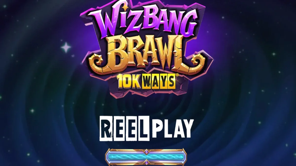 Wizbang Brawl 10K Ways slot game interface showing magical wizard characters and cascading reels.