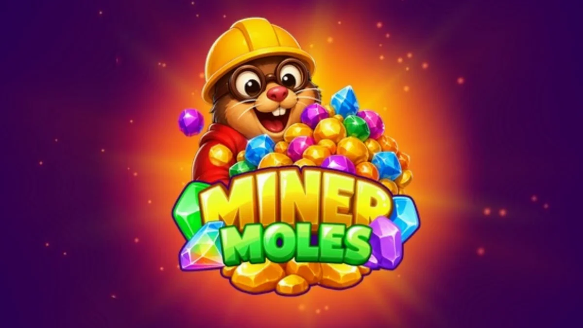 Tampilan visual slot Miner Moles dengan karakter tikus tanah dan permata